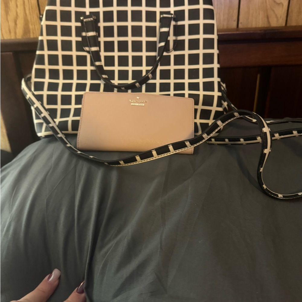 Kate Spade Black and White Grid Shoulder Bag with Pink Wallet